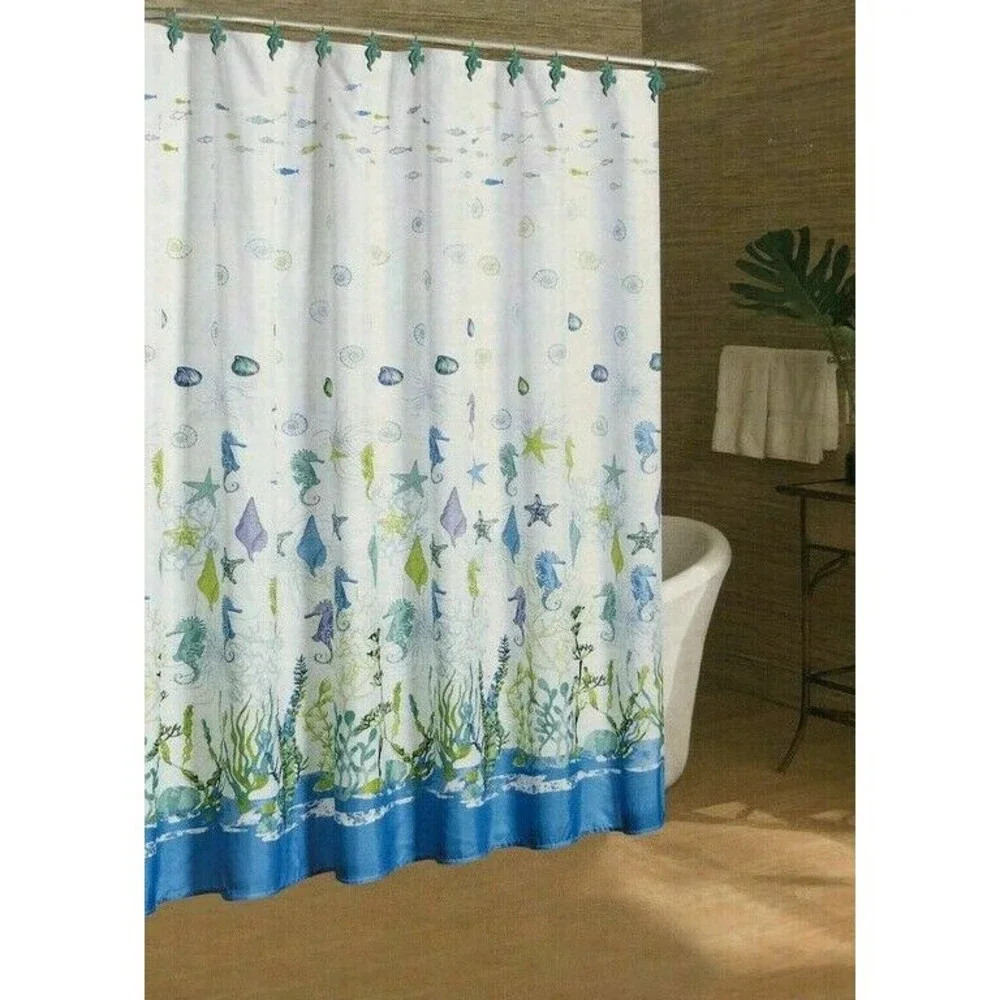 Caribbean Joe Shower Curtain Sea World Beach Summer House with Seahorse Hooks